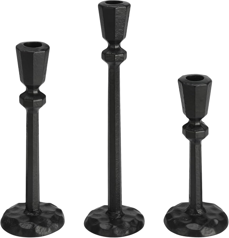 Heavy Duty Cast Iron Black Candlestick Holders Set of 3,Tall Taper Candle Holders,Vintage Table C... | Amazon (US)