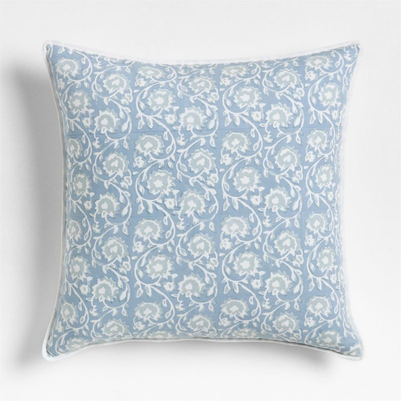Washed Cotton 23x23 Ruka Blue Floral Reversible Hand Printed Throw Pillow with Down-Alternative I... | Crate & Barrel