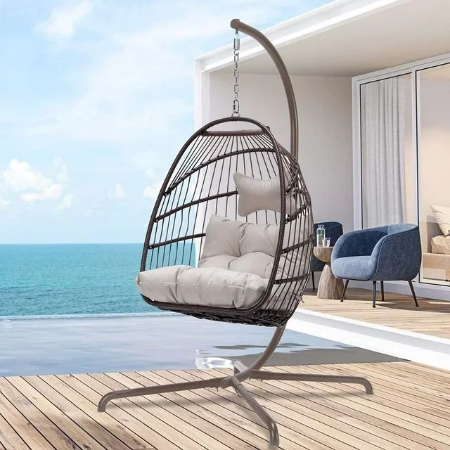 Nicesoul Foldable PE Wicker Brown Hanging Egg Chair With Stand Swing Chair With Cushion and Pillo... | Walmart (US)
