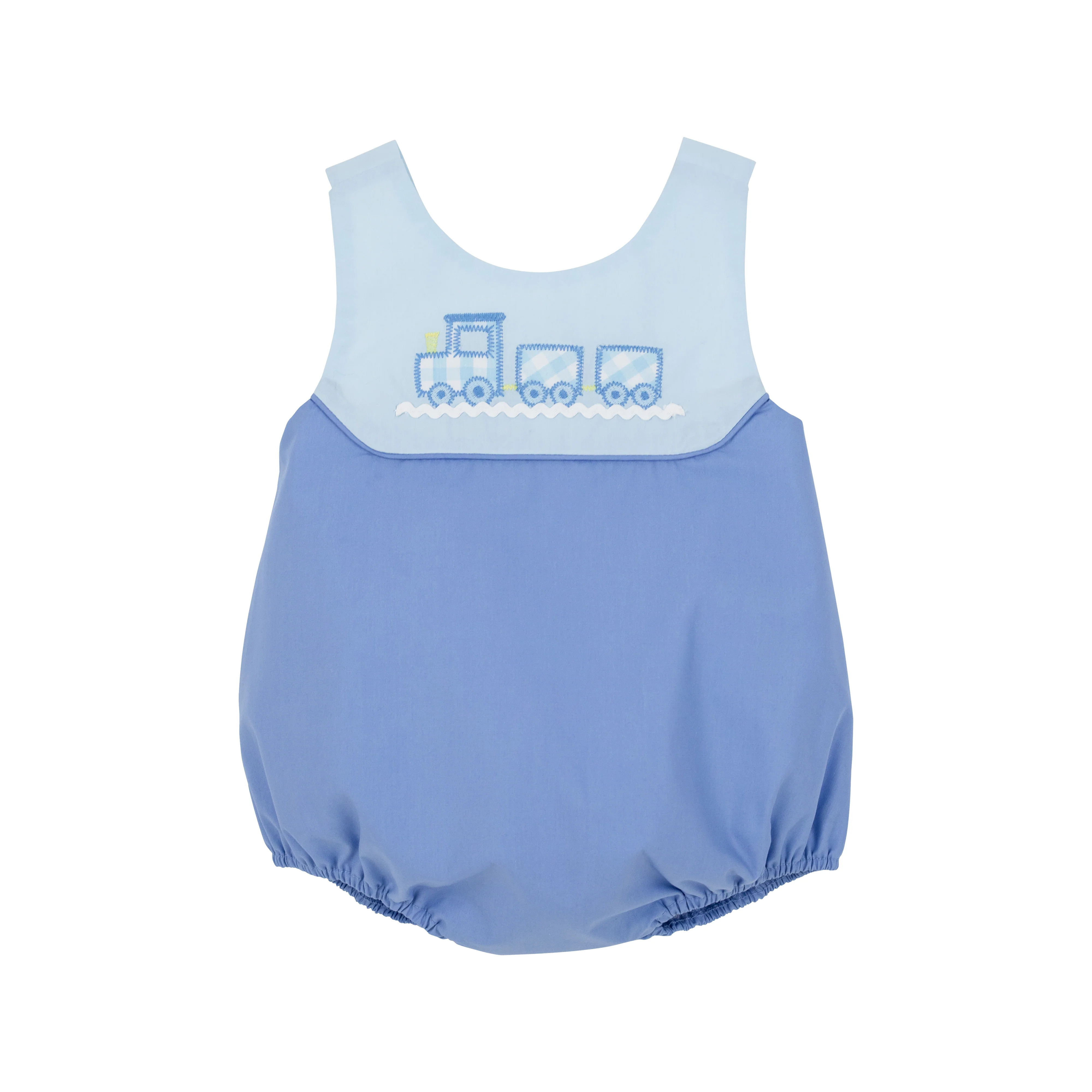 Sandler Sunsuit - Buckhead Blue and Park City Periwinkle with Train Applique | The Beaufort Bonnet Company