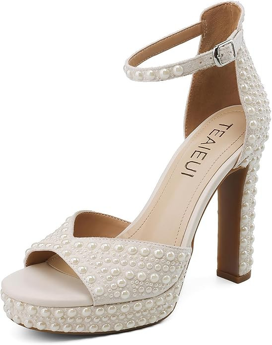 Pearl Rhinestone Heels Platform Block Sandals for Women Wedding Sandals for Bride Chunky Heels Br... | Amazon (US)