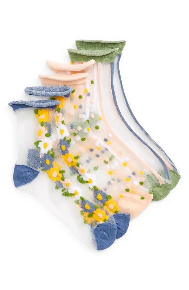 Kids' Assorted 3-Pack Sheer Floral Quarter Socks | Nordstrom