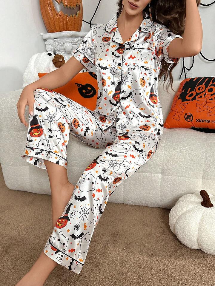 Shein CoupledUp Halloween Cute Cartoon Print Faux Silk Lapel Short Sleeve Jumpsuit | SHEIN