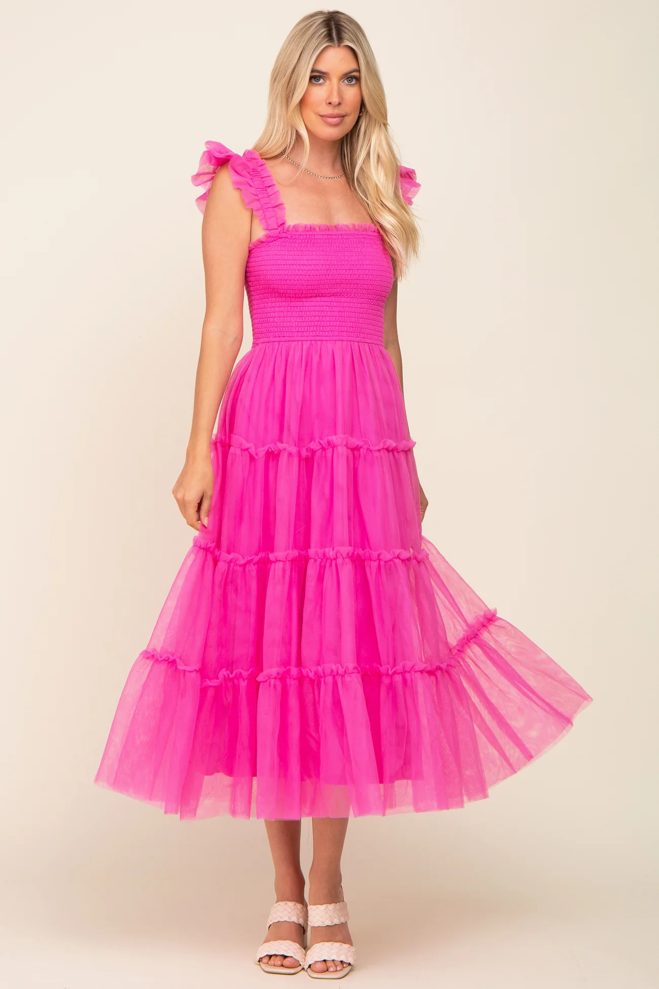 Fuchsia Smocked Mesh Ruffle Accent Midi Dress | PinkBlush Maternity