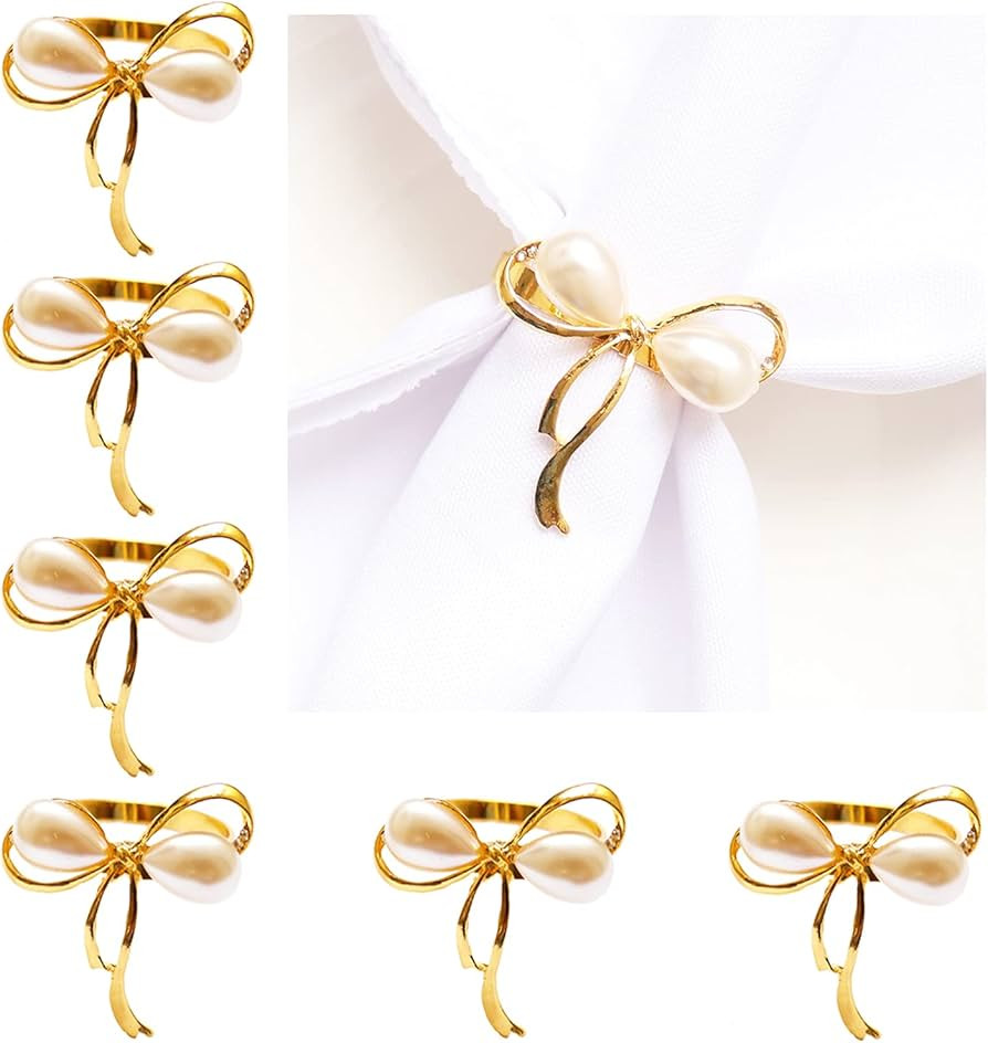 Gold Napkin Rings Set of 6, Bow Napkin Rings for Wedding Party Banquet Decoration Christmas | Amazon (US)