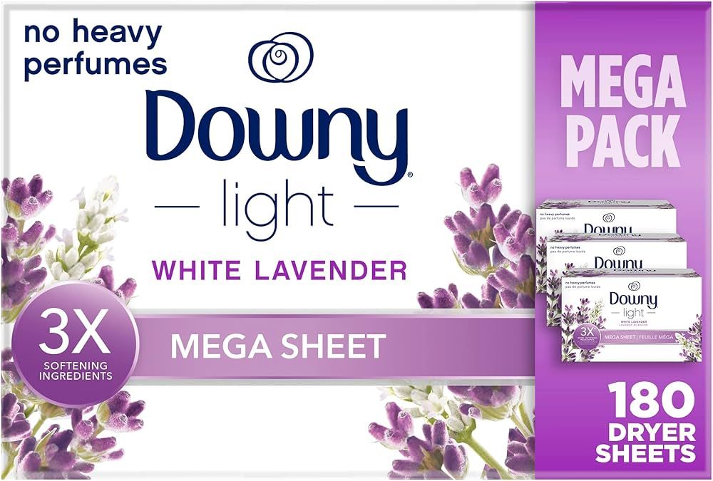 Downy Light Mega Dryer Sheets, Fabric Softener Dryer Sheets, White Lavender, 180 Count | Amazon (US)