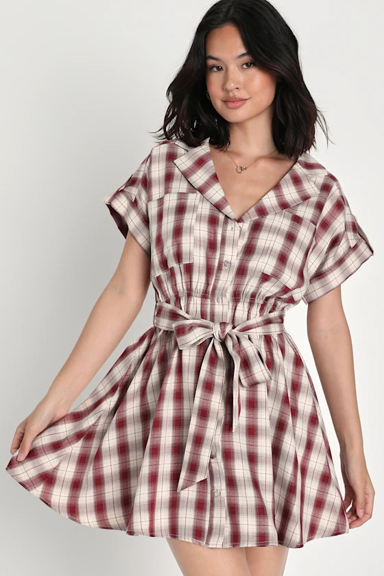 Adorable Sensation Ivory and Red Plaid Button-Up Mini Dress | Lulus (US)