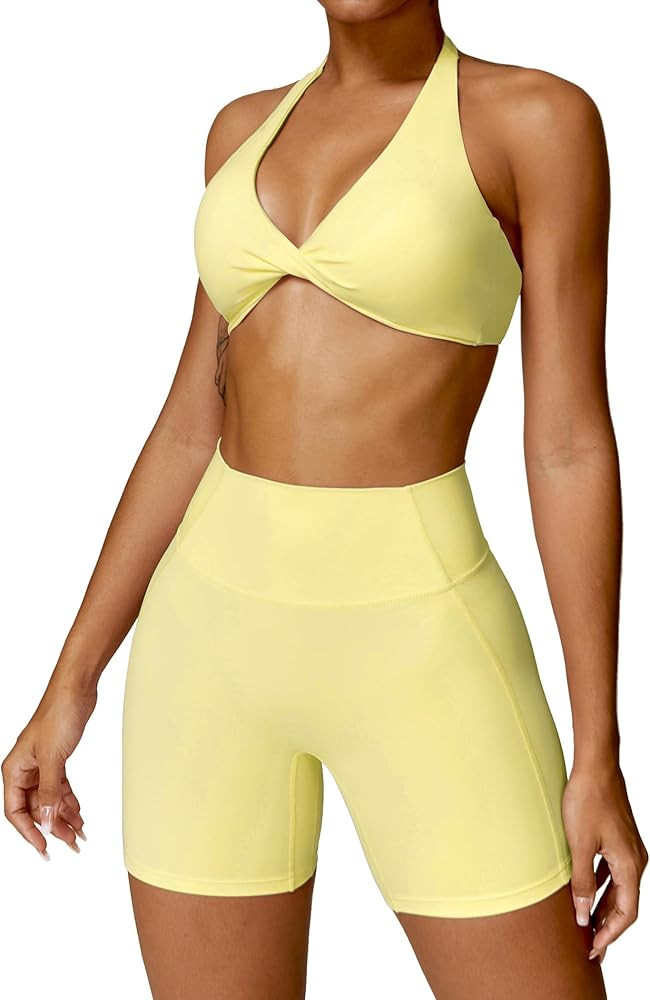 ABOCIW Workout Sets for Women Twist Front Halter Neck Sports Bra High Waist Biker Shorts 2 Piece ... | Amazon (US)