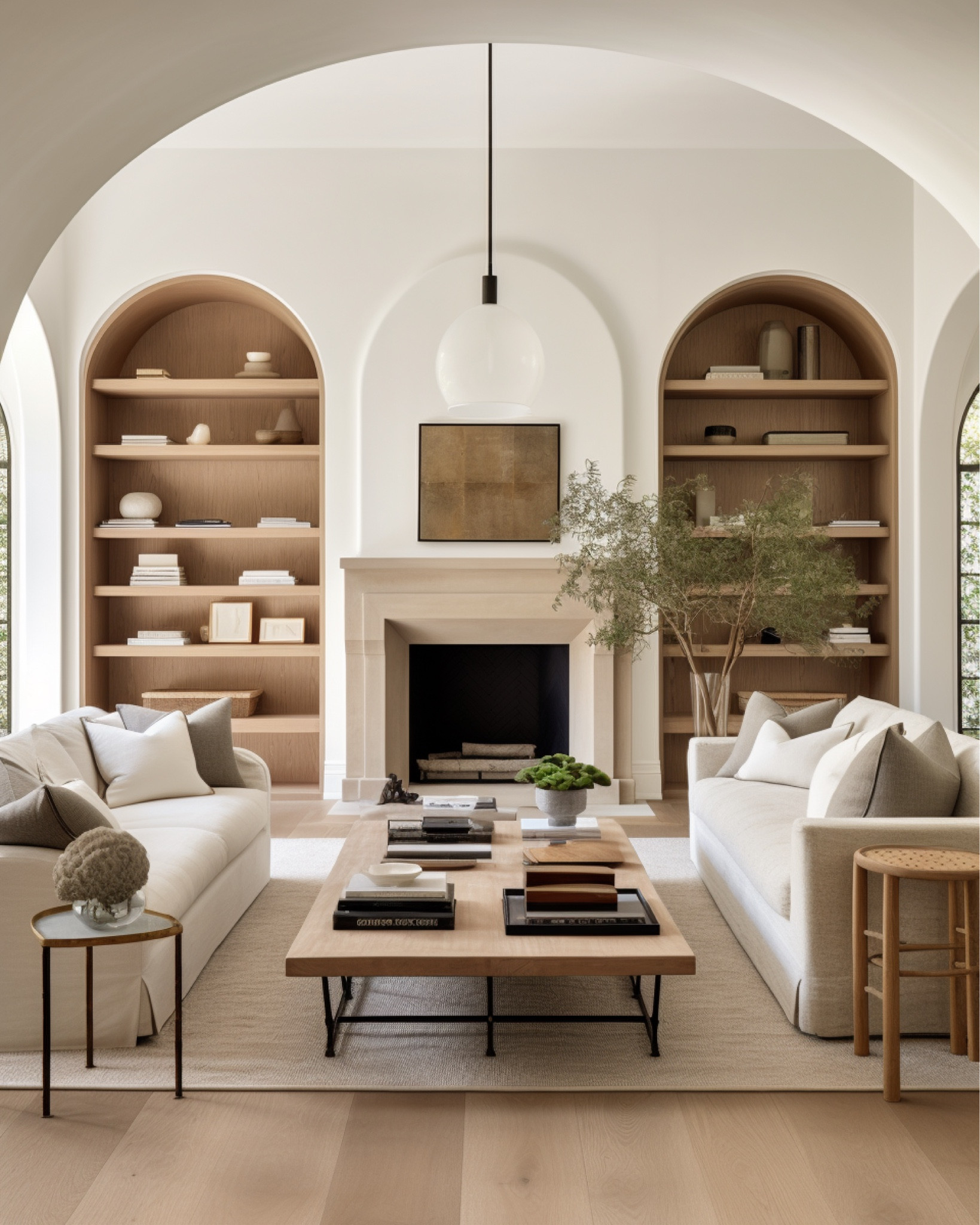 Neutral living room design with white oak arched book cases, linen sofas, well styled coffee table, shelves styled with decor, pottery, books  
#LTKFind 

#LTKhome #LTKfamily #LTKfindsunder100