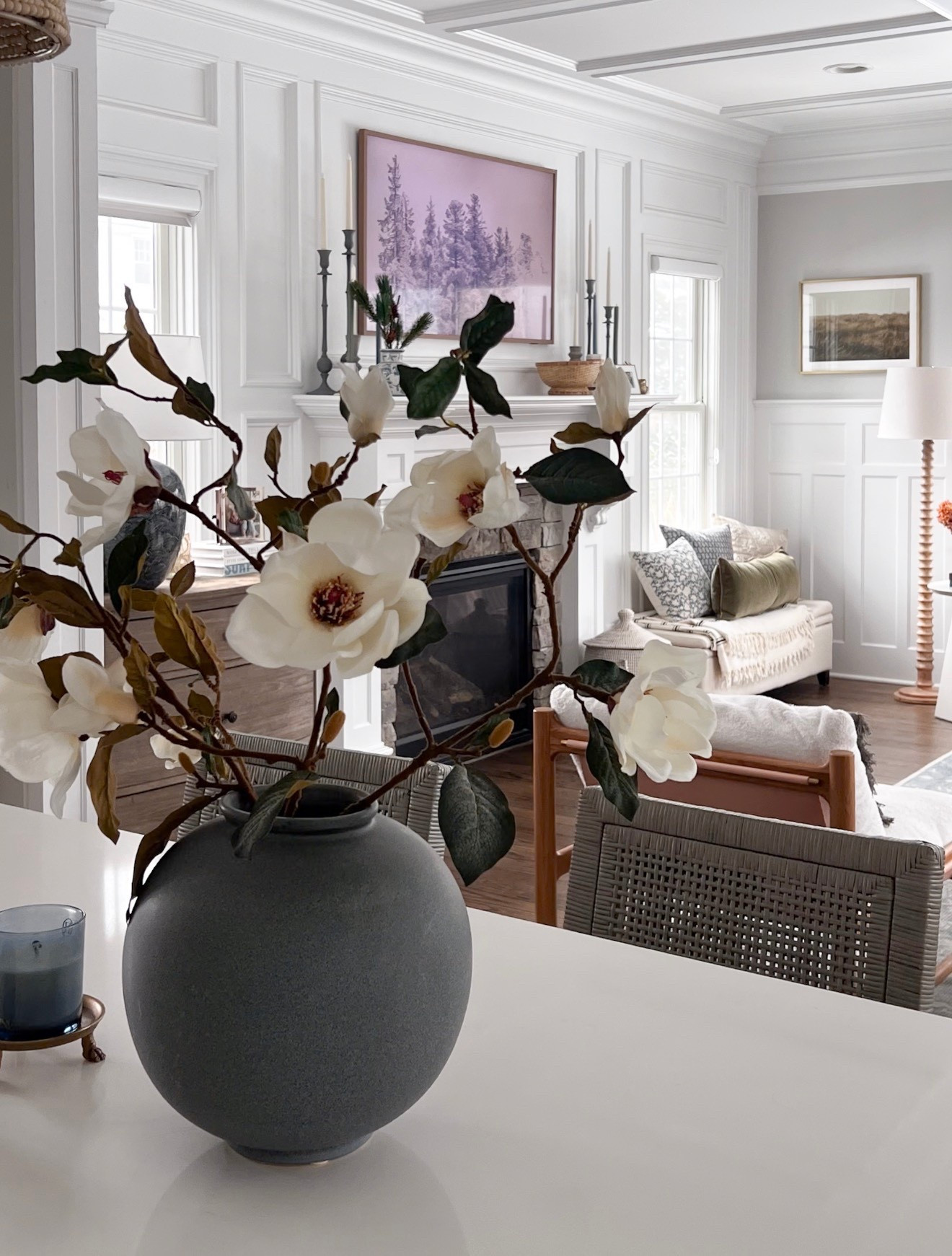 Wonder kitchen and living room inspo 

The prettiest faux magnolia (lots of flowers on sale right now!) Art, storage ottoma and family-friendly counter stools 

#LTKSeasonal #LTKHome #LTKSaleAlert