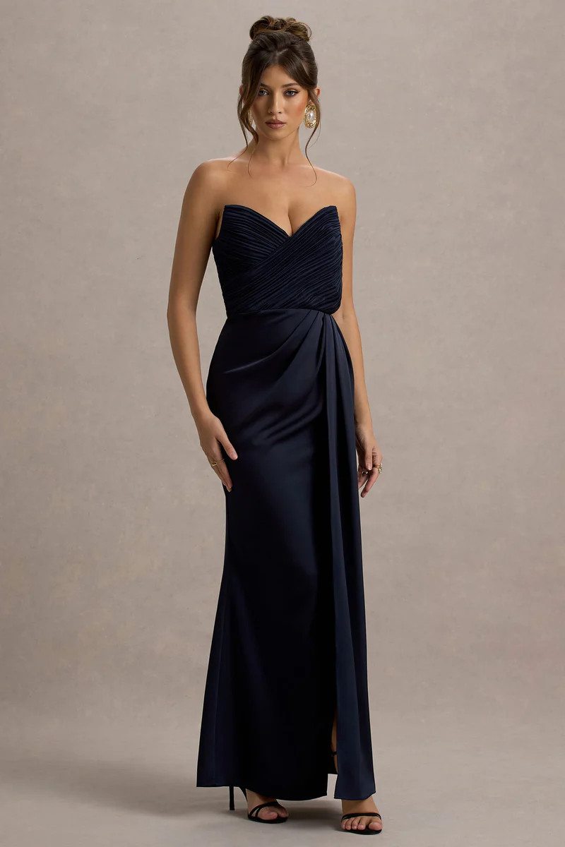 Edel  Navy Satin Strapless Maxi Dress With Drape | Club L London