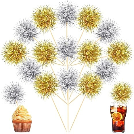 Chinco 100 Pcs Foil Firework Cupcake Toppers Gold and Silver Sparkle Tinsel Cake Toppers New Year... | Amazon (US)