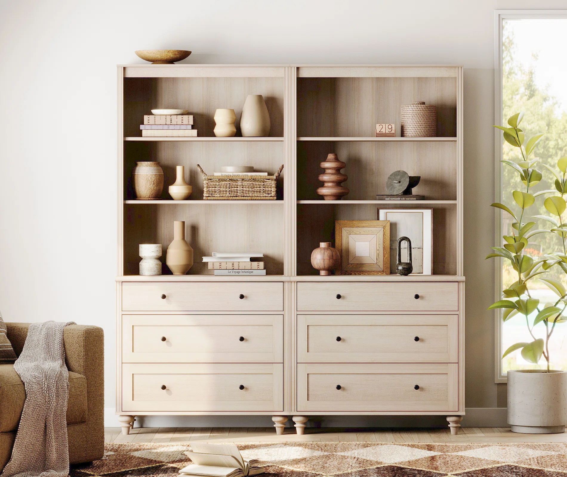 Scarlett Bookcase With 3 Drawers Set Of 2, Tall Book Case With 3-Tier Open Book Shelfs, Large Woo... | Wayfair North America