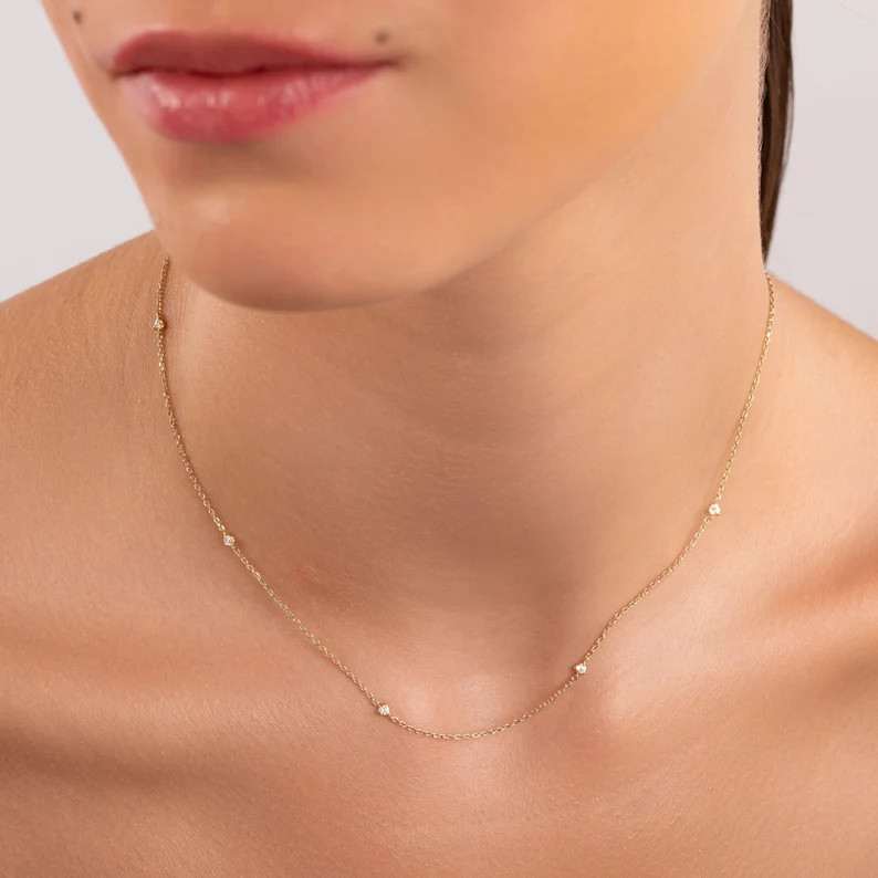 14k Solid Gold Diamond Station Necklace: Minimalist Layering Necklace - Etsy | Etsy (Global)