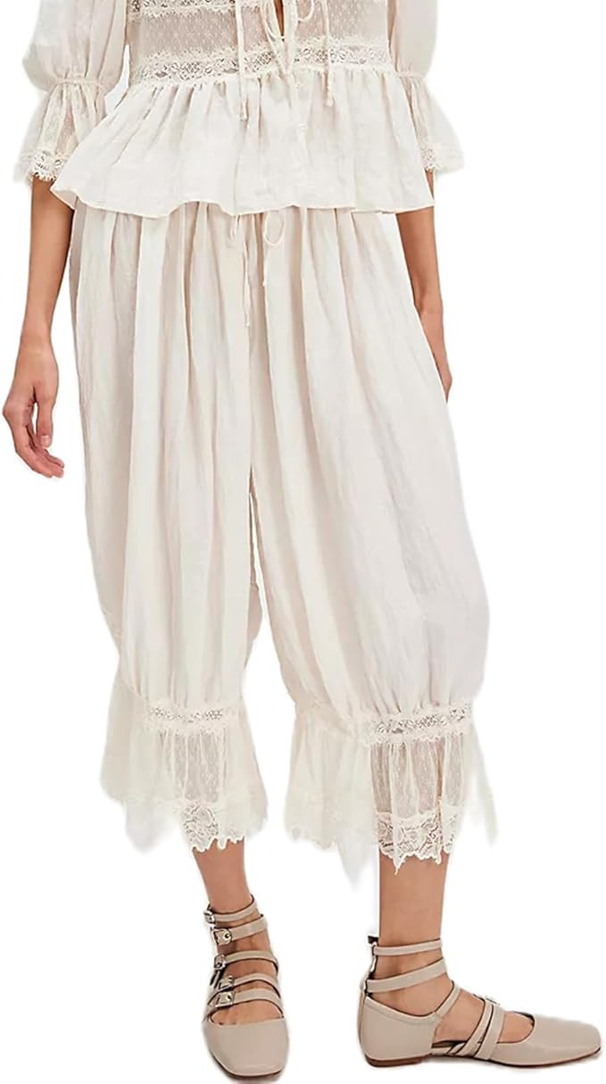 KOSUSANILL Women Long Bloomer Pants Lace Trim Ruffle Pantaloons Cropped Lounge Pajama Bottoms Y2K... | Amazon (US)