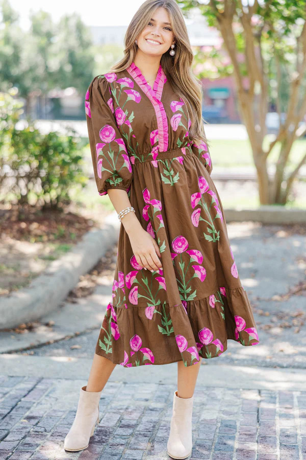 Rustic Romance Brown Floral Midi Dress | The Mint Julep Boutique