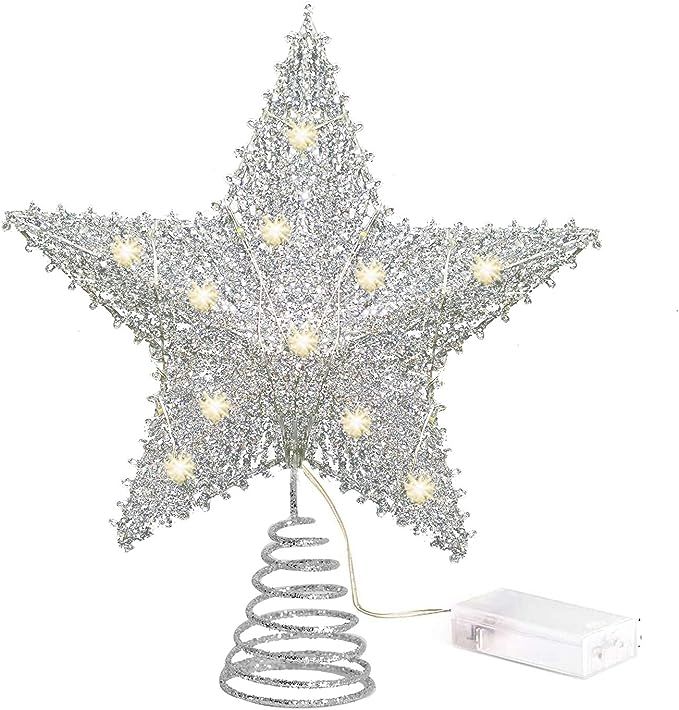 INAROCK Tree Toppers Silver Glittered Christmas Tree Topper 8 Inch Metal Star Treetop 10 LED Xmas... | Amazon (US)