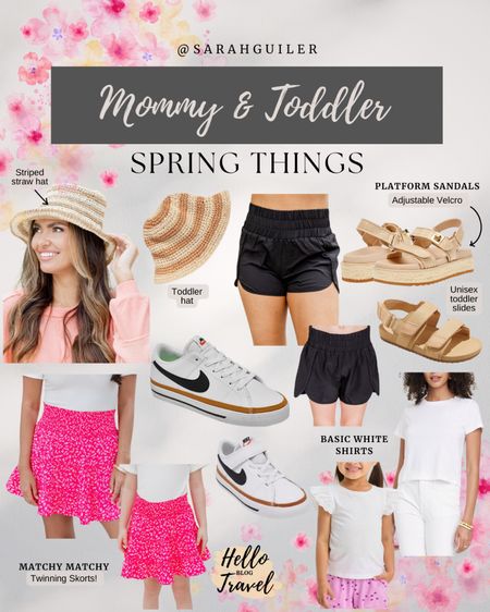 Mommy and me fashion. Mommy and me styles. Matching family. Family matching. Mother and daughter matching styles. Skort. Straw hat. Vacation style. Sandal slides. Platform sandals. Every day style. Spring outfit. Nike matching shoes. 

#LTKfindsunder100 #LTKActive #LTKfamily