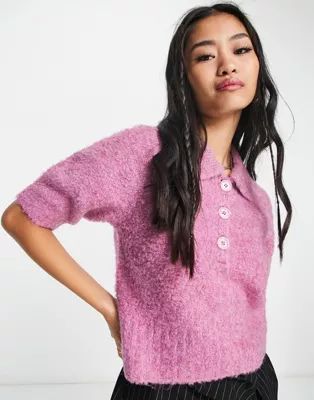 Vero Moda fluffy button up knit top in pink | ASOS (Global)
