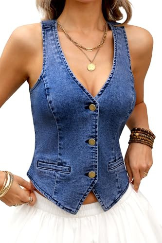 ELLEVEN Denim Vest Women Jean Vest Tops for Women Sleeveless V neck Cropped Denim Top Button Down Jean Western Country Outfits for Women Dark Blue Denim Large | Amazon (US)