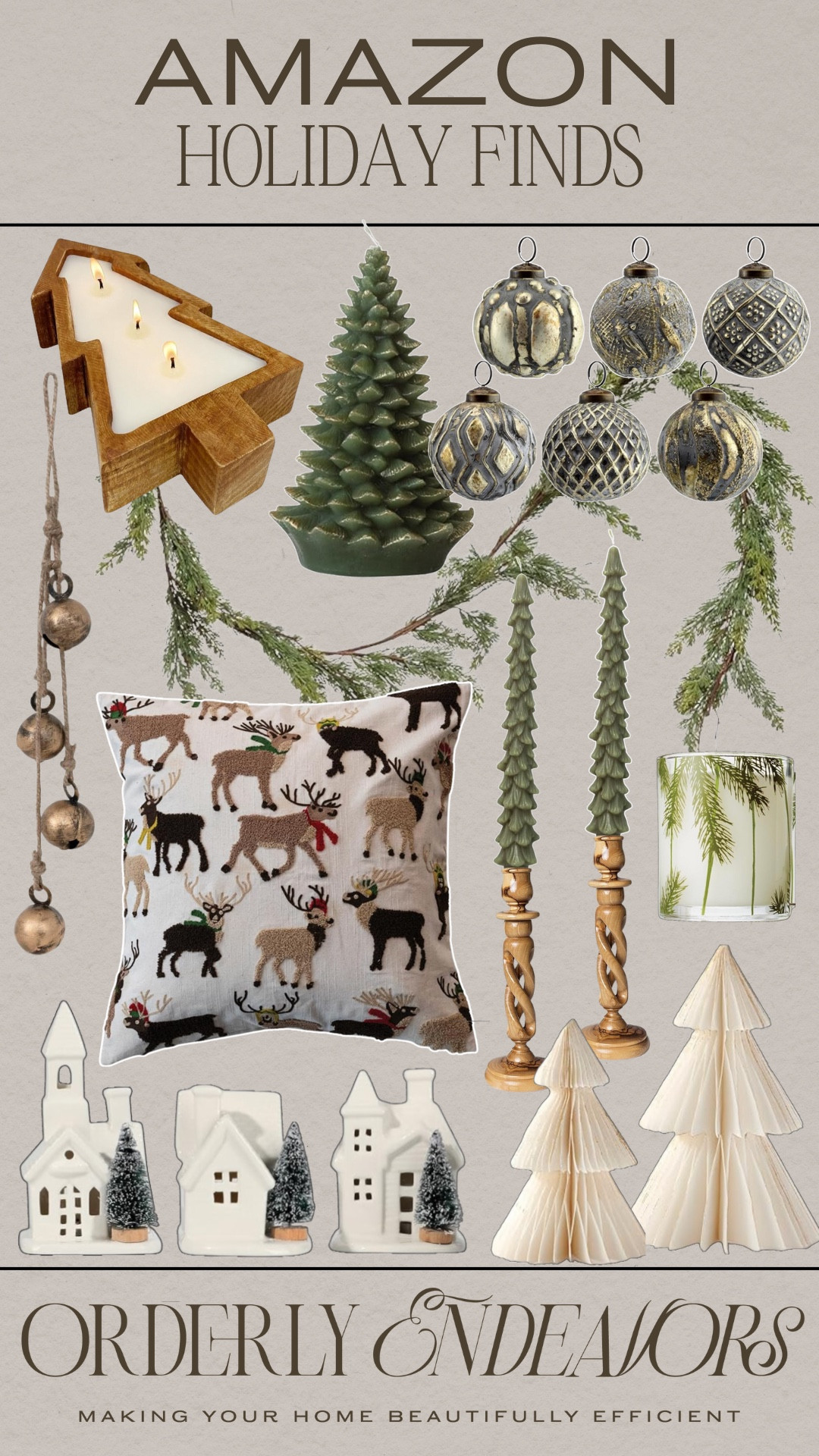 Amazon holiday finds include Christmas village, paper trees, candle stick holders, tree candle sticks, candle, garland, tree candle, ornaments, reindeer pillow, gold bells, bowl candle.

Home accents, holiday accents, Amazon finds

#LTKFindsUnder50 #LTKStyleTip #LTKHoliday