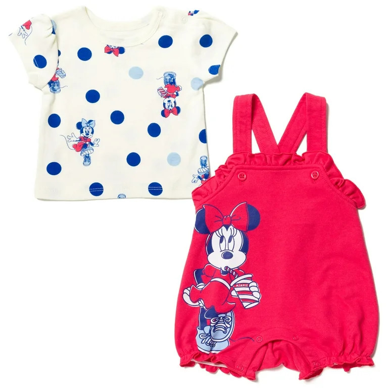 Disney Minnie Mouse Newborn Baby Girls French Terry Short Overalls and T-Shirt Newborn to Infant | Walmart (US)