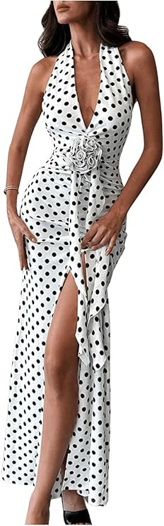 WDIRARA Women's Polka Dots Halter Dress High Split Deep V Neck Backless Bodycon Maxi 3D Flower Dr... | Amazon (US)