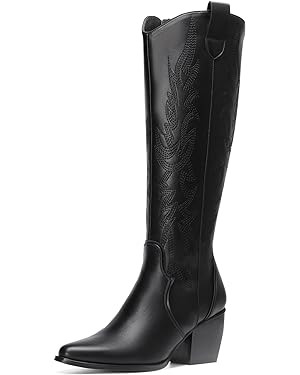 DREAM PAIRS Womens Cowboy Boots Comfortable Pull On Zipper Chunky Heel Pointed Toe Embroidered We... | Amazon (US)
