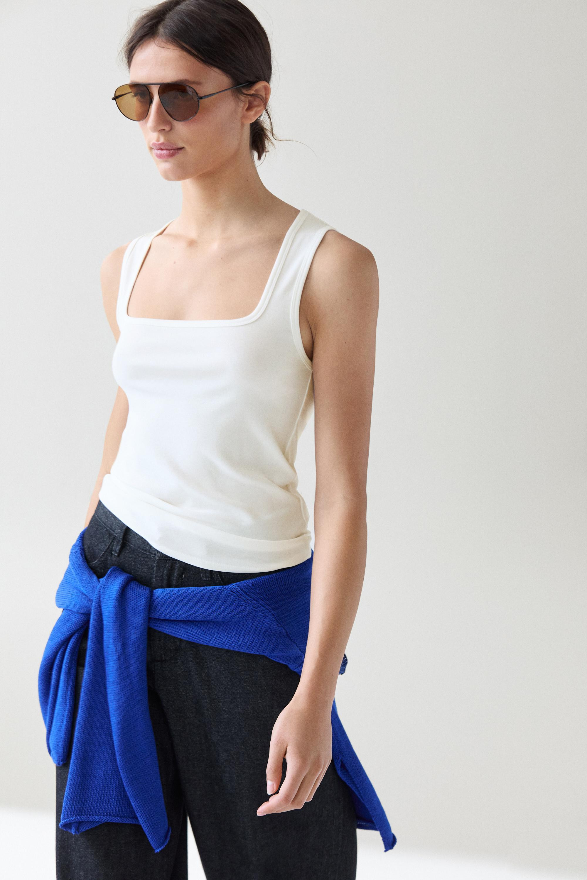 Cotton blend square neck top | Massimo Dutti US