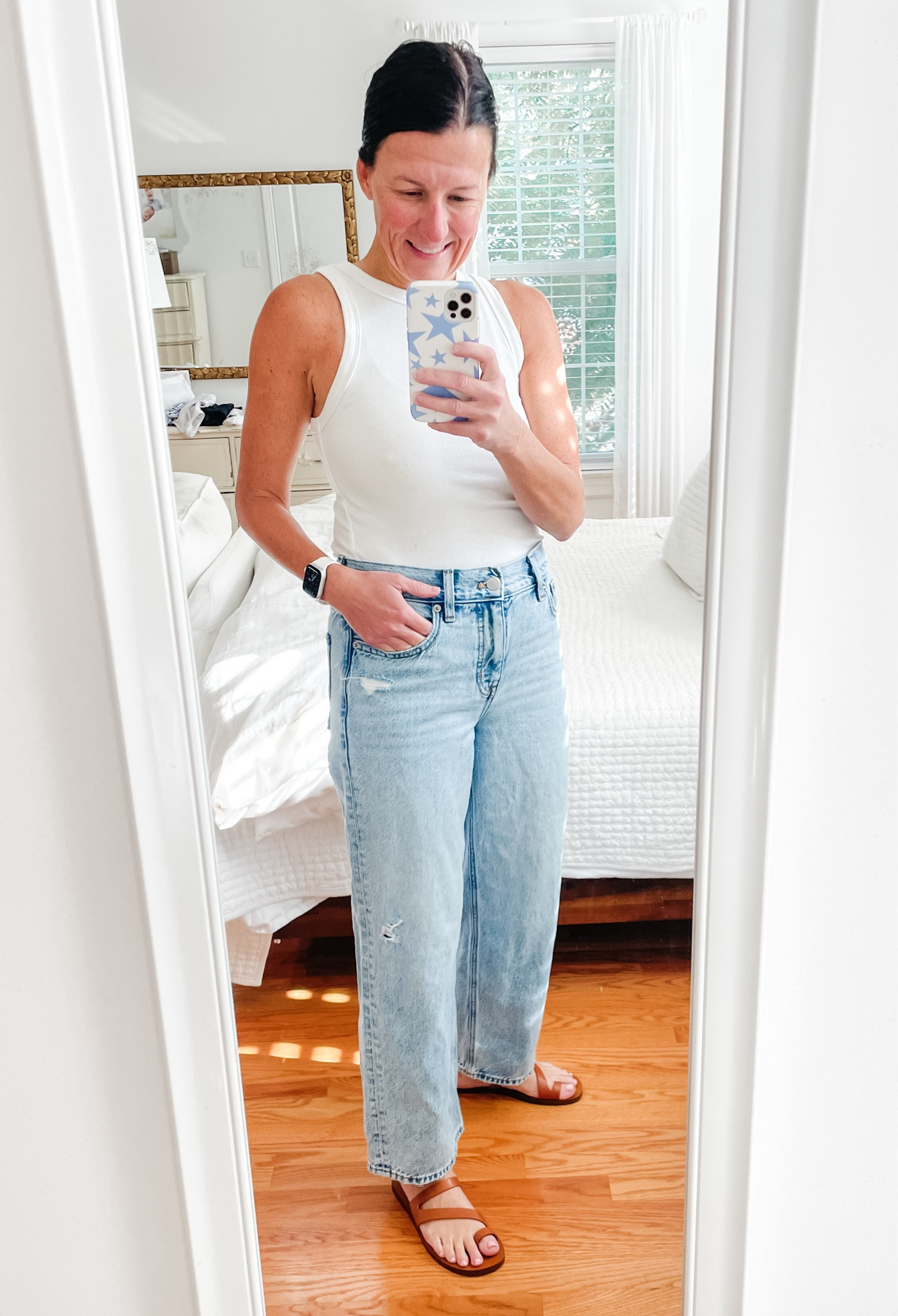 It’s been a minute since I’ve shared some of my favorite fashion finds!

In my defense, all I've worn all summer is shorts and an athletic tank! But I actually put on real clothes today since I ordered a few things for an upcoming vacation so I decided it's time to start sharing again!

Jeans + white tank + sandals = my uniform 

Yes I know it's hot as a mother outside, but it's freezing inside everywhere I go, so jeans it is today :)

Speaking of jeans...I am here to tell you that you do NOT have to spend a fortune on good jeans. Take these from JCrew Factory for example. ❤️