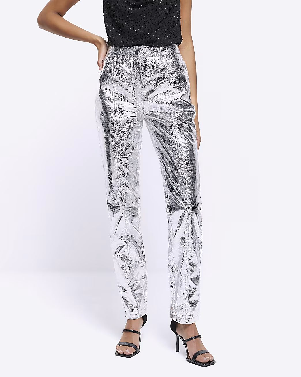 Silver metallic straight leg trousers | River Island (UK & IE)