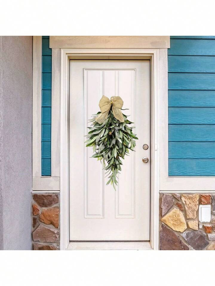 1pc Artificial Olive Leaf Wreath, 17.7" Spring Teardrop Welcome Garland With Burlap Bow, Farmhouse Wall Hanging Decor For Front Door/Indoor/Outdoor/Window, Christmas, Halloween, Thanksgiving, New Year, Valentine's Day | SHEIN