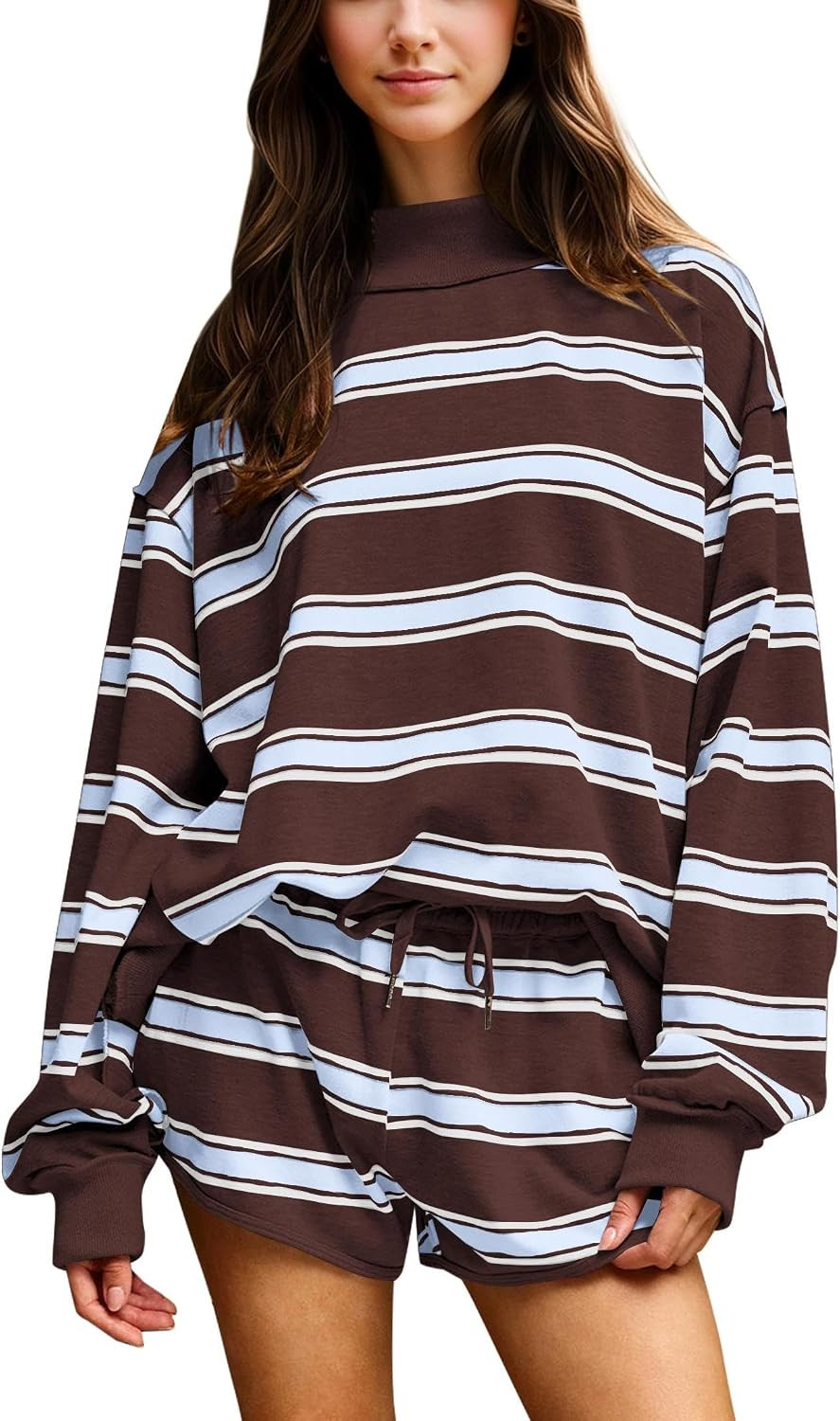 Women Striped Mock Neck Sweatshirt 2 Piece Outfits Oversized Pullover Elastic Waist Shorts Set Fall Lounge Set | Amazon (US)