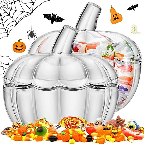 Tessco 2 Pcs 70oz Glass Pumpkin Candy Jar with Lid Halloween Pumpkin Jars Candy Bowl Glass Candy Dish with Cover for Thanksgiving Day Home Decoration(Large, Large,Clear) | Amazon (US)
