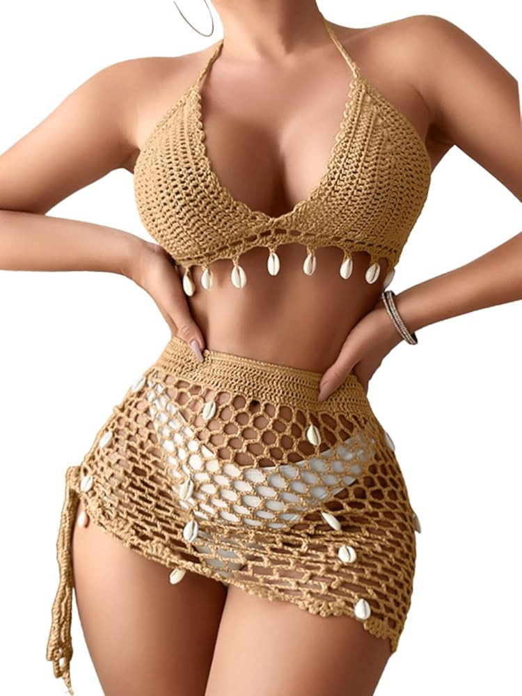 Womens Sexy Two Piece Cover Up Skirt Set, Backless Shell Boho Crochet Swimsuit Coverup, Summer Be... | Amazon (US)