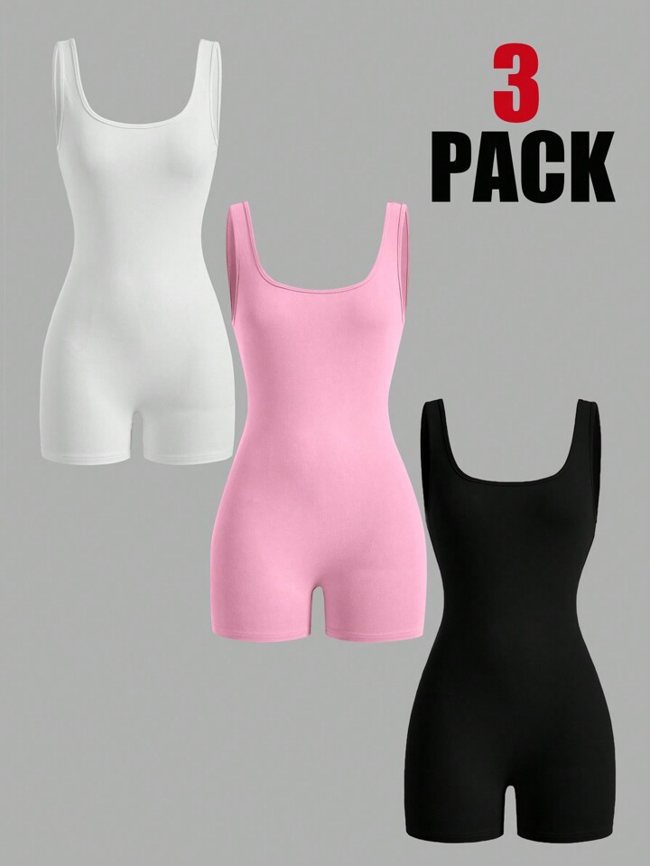 SHEIN EZwear Women 3-Piece Solid Color Square Neck Unitards With Backless Design For Casual Wear | SHEIN