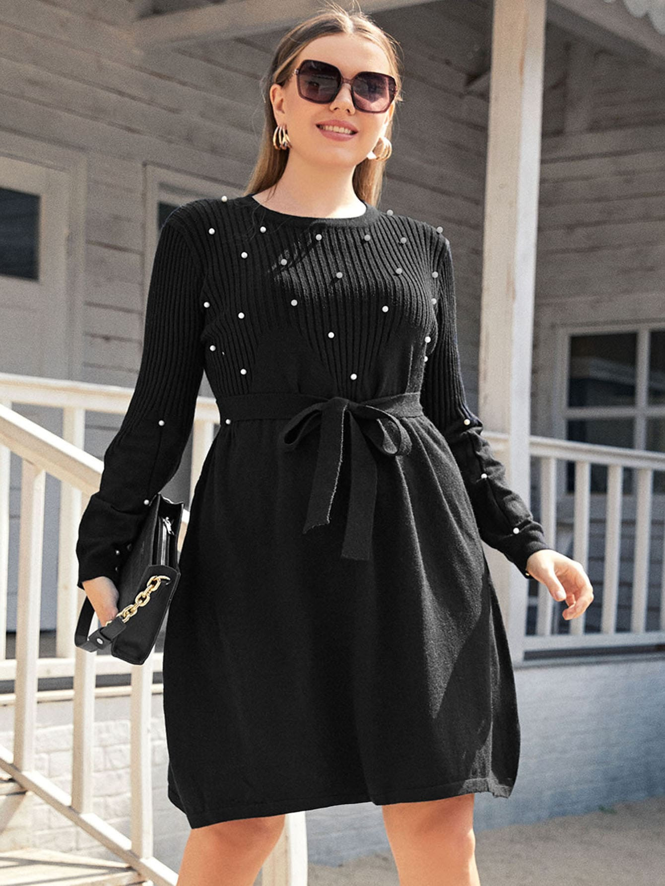 Plus Pearls Beaded Belted Knit Dress | SHEIN