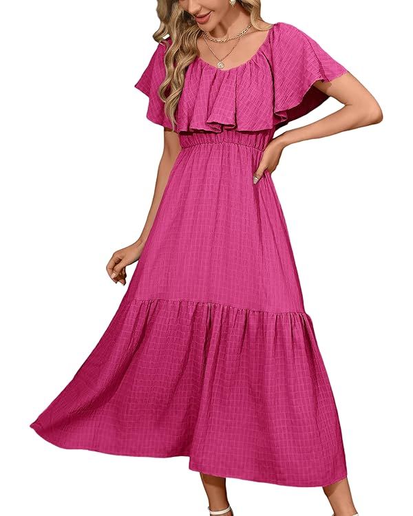 Women's Casual Ruffle Short Sleeve V Neck Maxi Dresses Flowy Boho Beach Cocktail Long Dresss | Amazon (US)