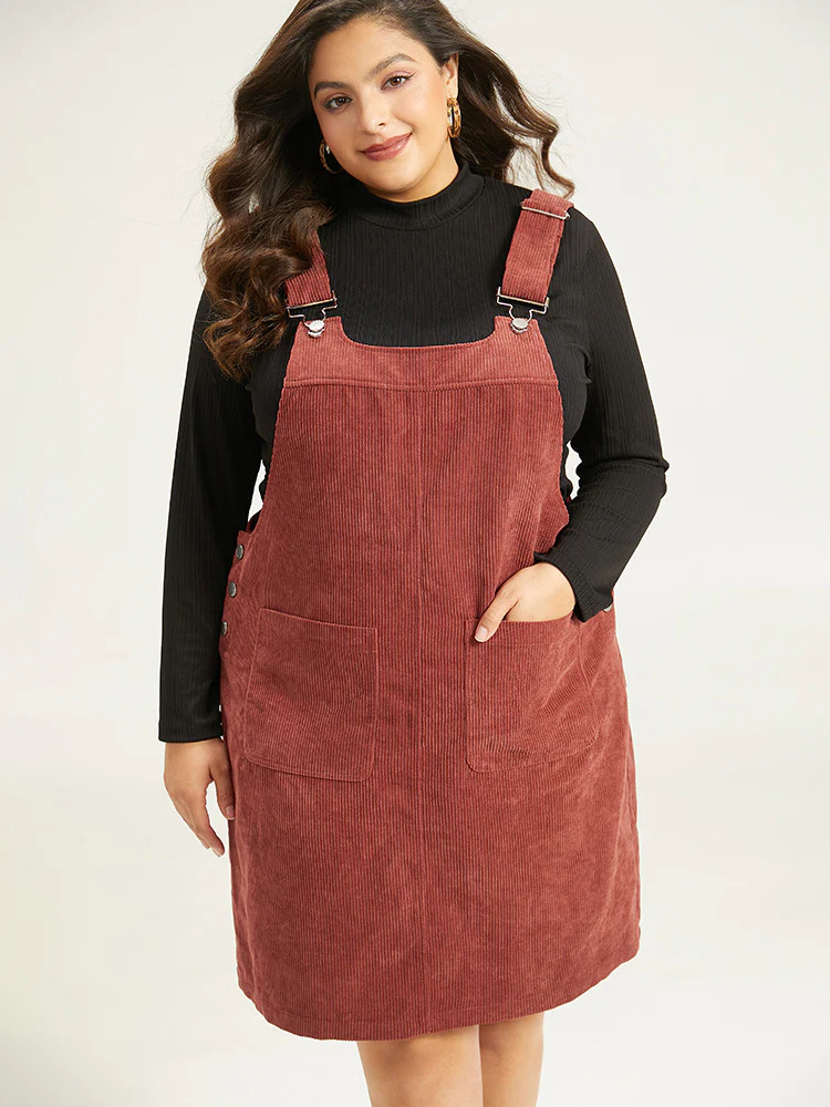 Corduroy Adjustable Straps Metal Detail Pocket Cami Dress | Bloomchic