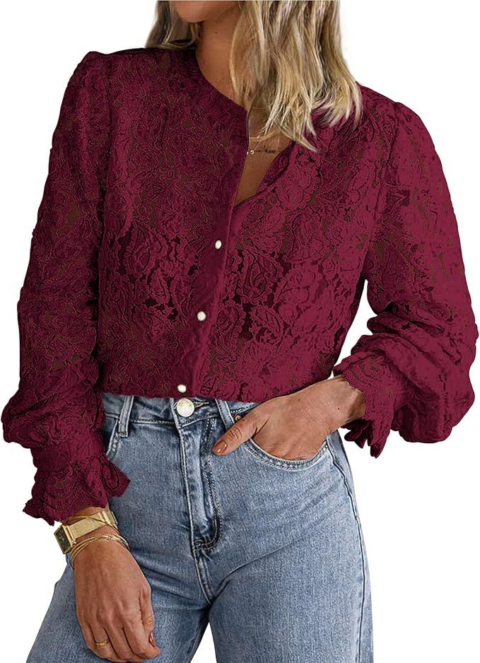 PRETTYGARDEN Women's Dressy Casual Lace Blouse Long Sleeve Button Up Shirts Tops Fall Fashion Clo... | Amazon (US)