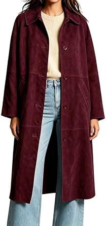 Women Faux Suede Long Coat Lapel Button Down Casual Trench Jacket Overcoat | Amazon (US)