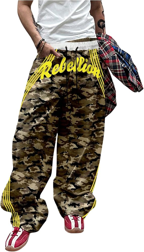 VIPWOLF Men's Camo Barrel Pants Baggy Wide Leg Sweatpants Y2k Striped Double Waited Track Pants T... | Amazon (US)