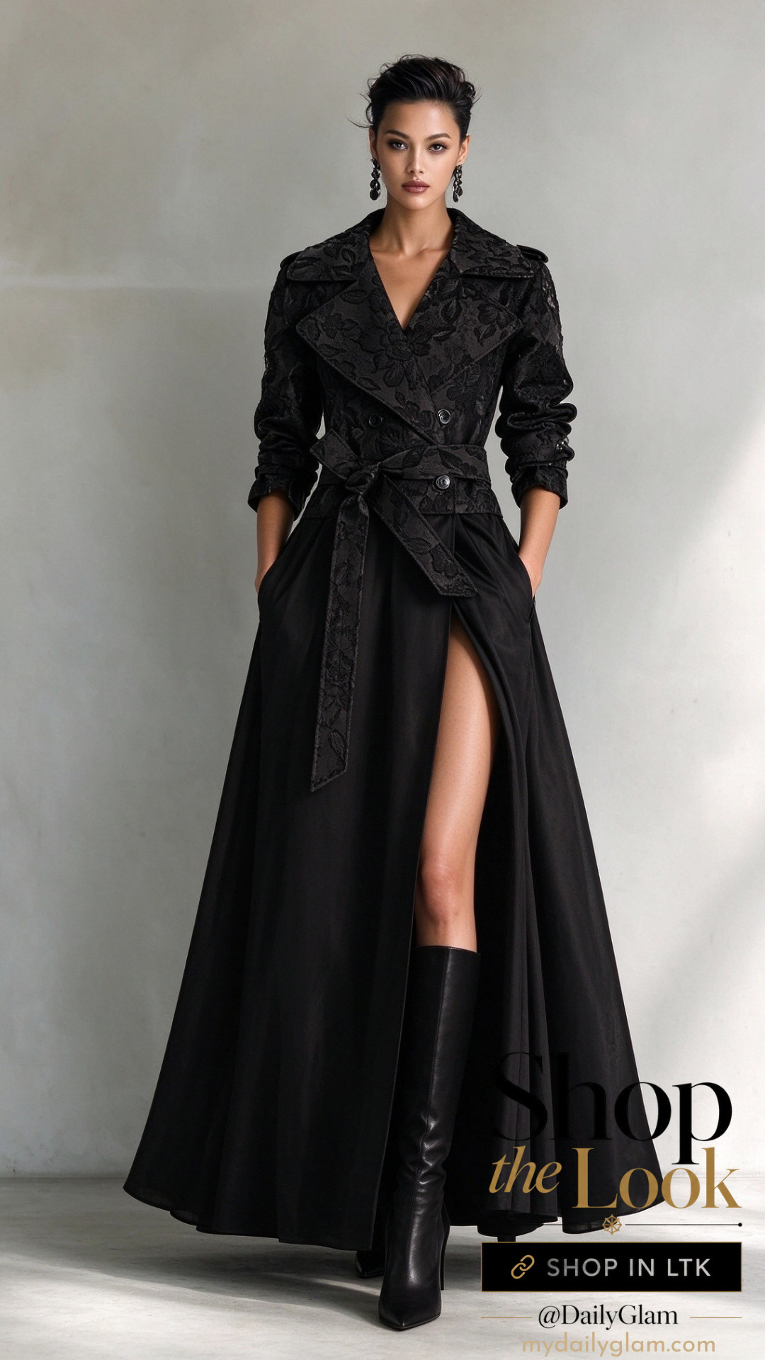 Girls, edgy sophisticated evening outerwear 🖤

Powerful black lace trench maxi coat dress. 

Intricate floral lace upper, belted waist to define your figure, high slit and flowing floor‑length skirt. 

Pair with tall leather boots for modern luxury, perfect for elevated dinner & event styling.

#LaceTrenchCoat #BlackMaxiDress #EdgyLuxury #CoatDress #OldMoneyOutfit #ModernEveningWear #HighSlitDress #LuxuryOuterwear #ChicFormal #StatementOuterwear 

 #LTKootd #LTKOver40 #LTKWorkwear