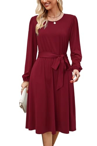 Newshows Womens Long Sleeve Casual Dresses 2025 Business Work Teacher Fall Church Belted A Line Flowy Midi Dress(Wine Red,XX-Large) | Amazon (US)