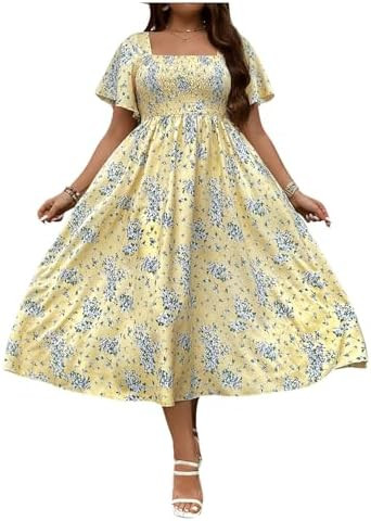 Floerns Women's Plus Size Floral Square Neck Flounce Short Sleeve A Line Maxi Dress | Amazon (US)