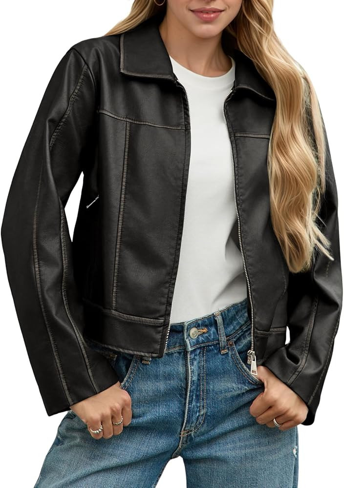 Yousify Womens Faux Leather Jacket Casual Zip Up Motorcycle Long Sleeve Collared Fall Cropped Coa... | Amazon (US)