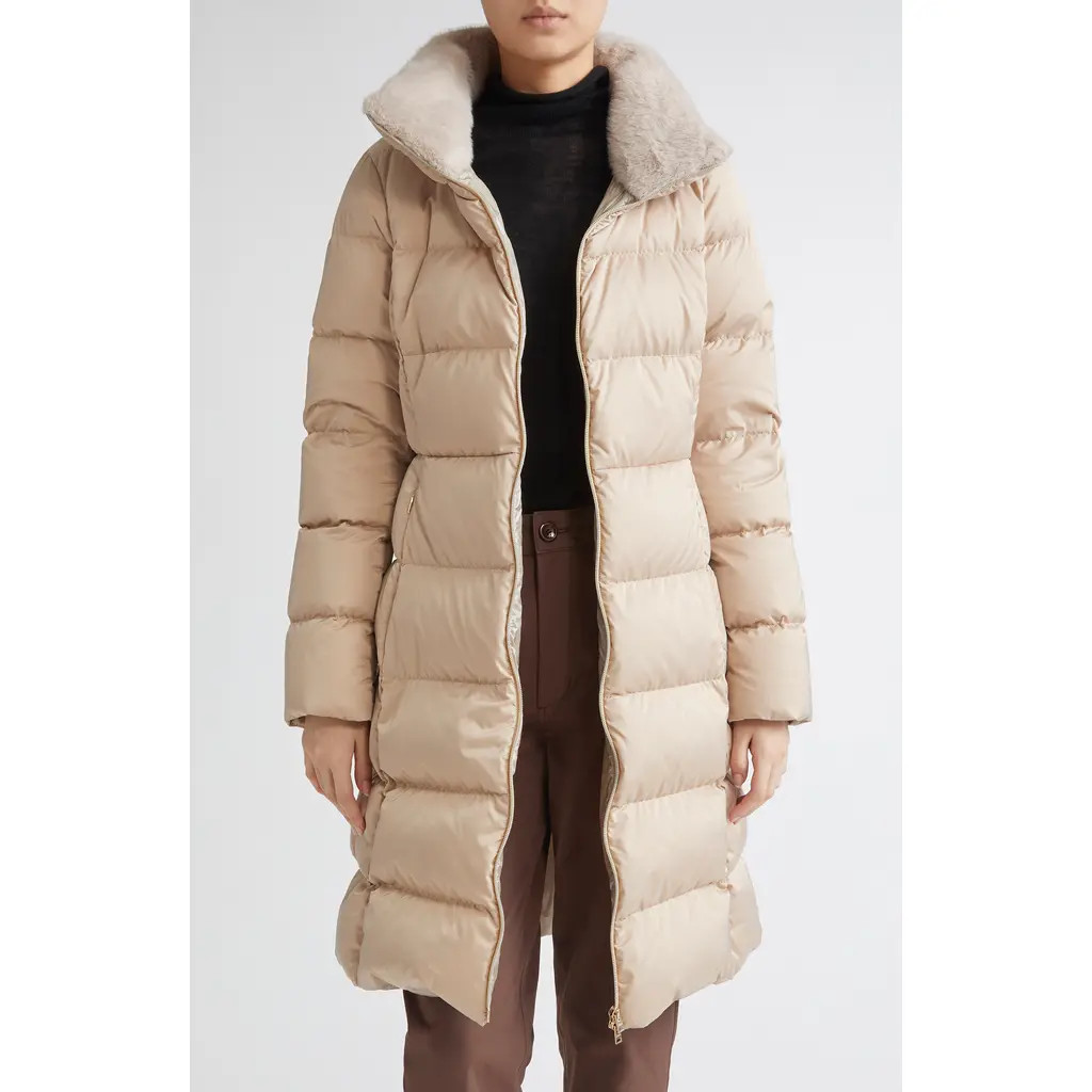 Herno Faux Fur Trim Satin Down Coat in Champagne at Nordstrom, Size 0 Us | Nordstrom