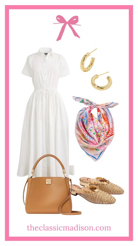 White shirt dress, colorful silk scarf, raffia mules, tan leather handbag, small huggie hoops 