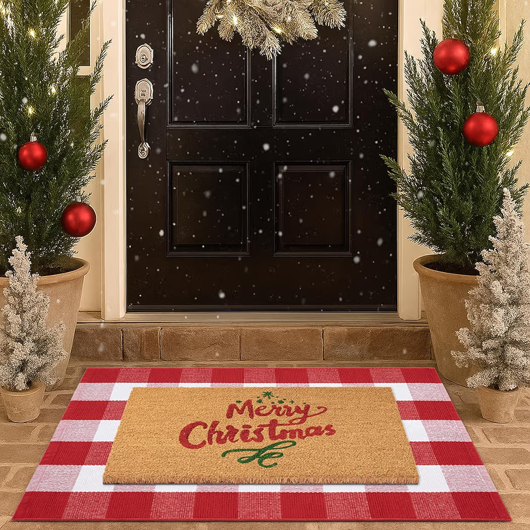Christmas Door Mat Combo Set - 100% Coco Coir Welcome Mat + 28 x 43 Inch Red and White Plaid Rug,... | Amazon (US)