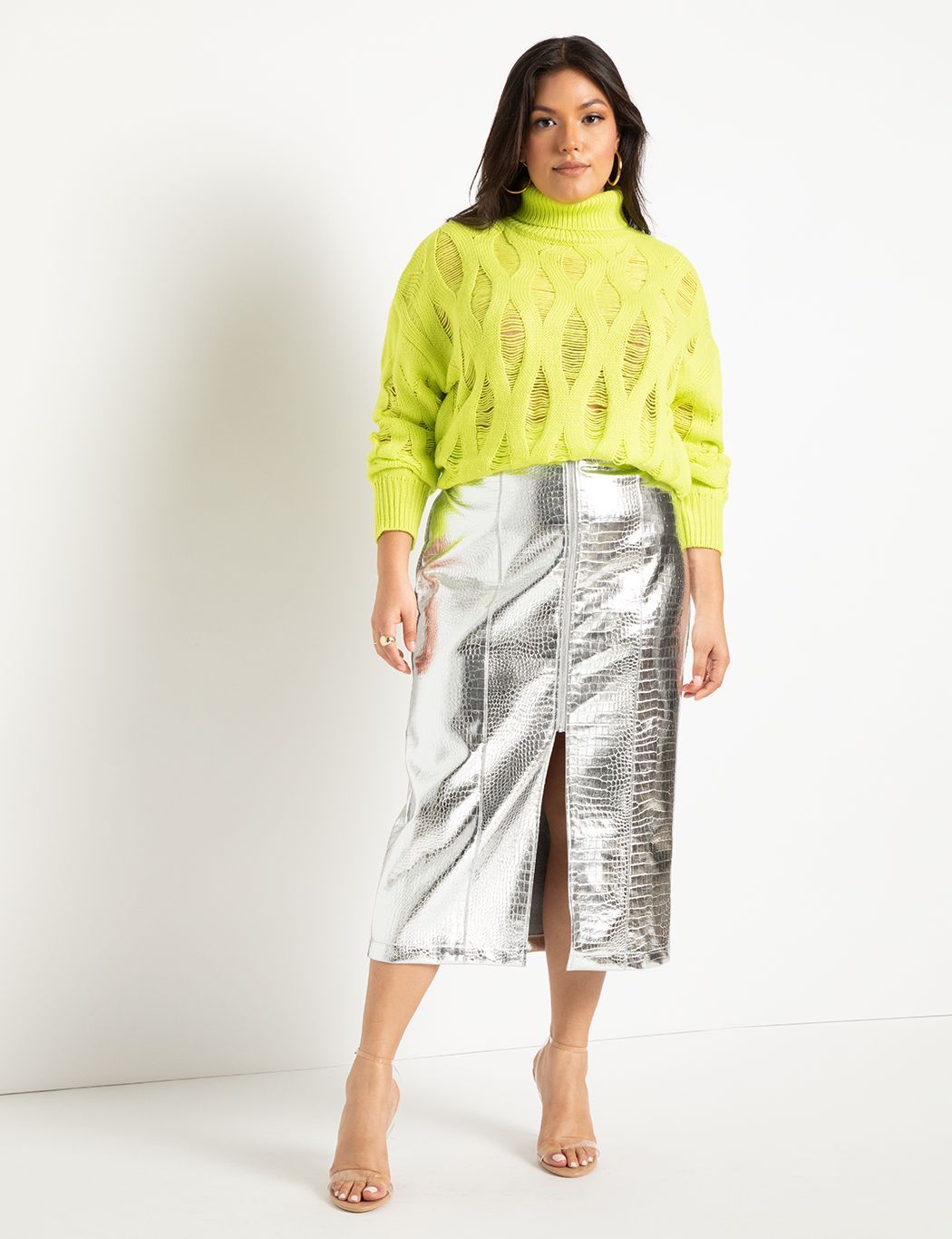 Zip Front Faux Leather Midi Skirt | Women's Plus Size Skirts | ELOQUII | Eloquii